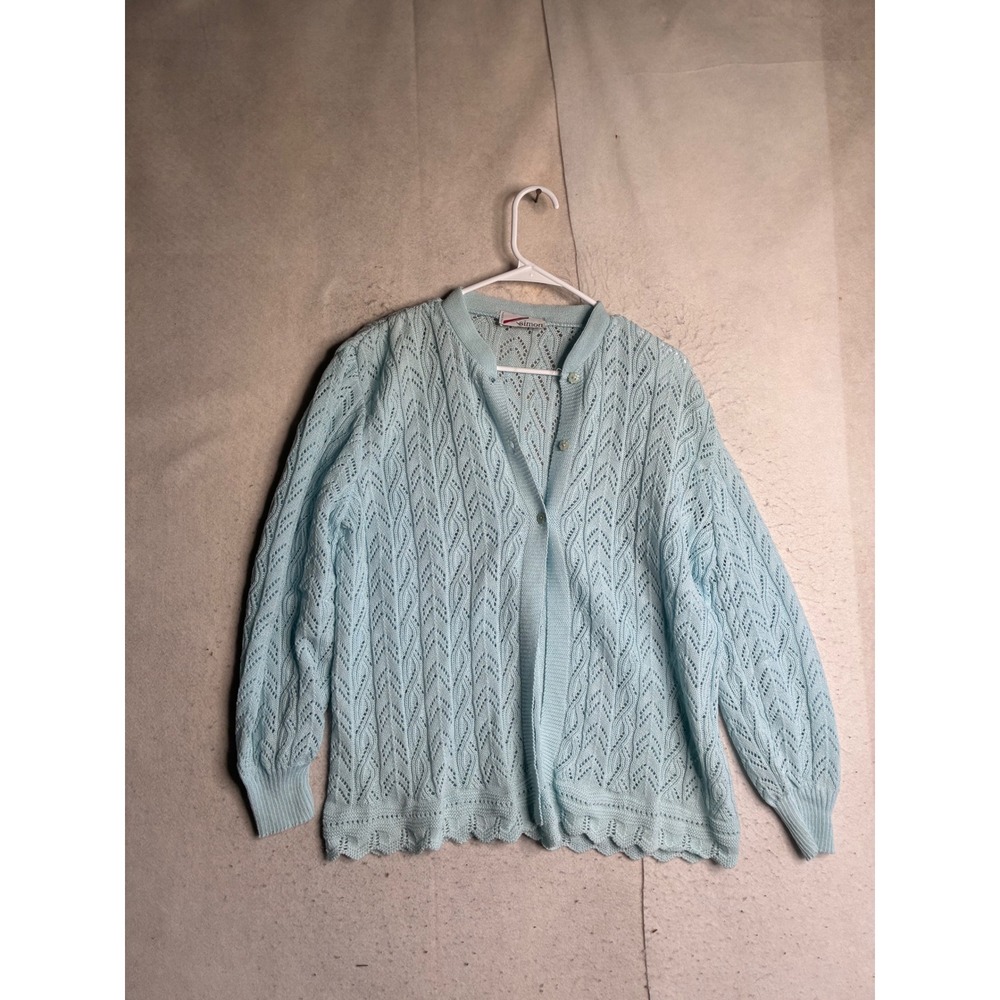 VTG Simon Baby Blue Pointelle Knit Cardigan Sweater Made in Italy Wool Blend